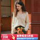 Olrain歐芮兒杏白色V領(lǐng)毛衣女春裝新款菱格鏤空馬海毛套頭衫 杏白色 M