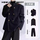 聲猴秋冬季高級感韓版百搭小香風(fēng)休閑毛呢西服男寬松潮流復古夾克外套 黑色外套+高領(lǐng)毛衣黑+常規西褲 XL