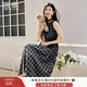 香影黑色格子無(wú)袖連衣裙女2025秋季新款復古法式中長(cháng)款收腰a字裙 黑色 S 55/80A/85-95斤
