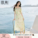 香影一字領露肩連衣裙女2025夏新款泡泡袖荷葉邊度假風海邊沙灘裙 銀牡丹色 S 155/80A/85-95斤