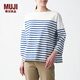無(wú)印良品 MUJI 女式 粗棉線(xiàn) 天竺編織 一字領(lǐng) 七分袖T恤 BBL05A1S 藍色條紋 XS-S