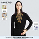 娜爾思（NAERSI）假兩件異材質(zhì)印花針織衫上衣女新款長(zhǎng)袖羊毛毛衣 黑色 XL 42