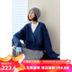 雲上生活女裝袖口拼色設計v領(lǐng)針織開(kāi)衫女寬松短外套W6214X 海藍色 M