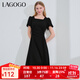LAGOGO法式方領(lǐng)收腰連衣裙女拉谷谷夏季新款黑色泡泡袖高級感裙子 黑色(W1) S