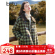 百圖betu女裝冬季新款棉衣翻領(lǐng)仿羊羔毛拼接雙色格子外套2411D02 綠色格 M