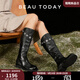 BEAUTODAY【明星同款】英倫風(fēng)騎士靴秋季新款長(cháng)筒靴子女靴復古真皮高筒靴女 經(jīng)典黑 36