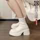 百麗踏白色短靴女2026秋冬新款松糕厚底小個(gè)子增高彈力瘦瘦靴顯瘦馬丁靴 米白色【加棉】 36