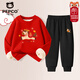 小豬班納兒童新年套裝冬季新款男童加絨本命年衛衣衛褲女童馬年紅色拜年服