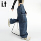 izzue it高腰牛仔褲女春秋寬松大口袋彎刀工裝褲子女