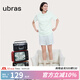 ubras全棉系列滿印開襟家居服女短袖長褲純棉套裝元氣舒適睡衣軟棉棉 短袖短褲-冰藍綠色 M