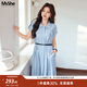 MsShe【巨顯瘦法式氣質(zhì)連衣裙】大碼女裝2025秋裝胖mm腰帶收腰襯衫裙 冰河藍色現貨 3XL