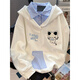 燦圖韓版潮流貓咪刺繡連帽衛衣女裝秋冬季新款學(xué)院風(fēng)假兩件寬松上衣服 白色 L