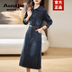 奧絲婕（Aosijie）高端品牌 牛仔連衣裙女2025春秋新款復古氣質(zhì)減齡顯瘦襯衫長(cháng)裙 牛仔藍長(cháng)袖 XL 約適合體重121-132斤