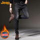 JEEP吉普牛仔褲男士春秋季高端直筒休閑彈力長(cháng)褲 黑灰色加絨 32