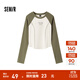 森馬（Semir）長(cháng)袖T恤女短款緊身撞色插肩袖明線(xiàn)顯瘦冬季印花圓領(lǐng)上衣復古 白綠色調00314 M