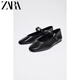 ZARA2025冬季新款黑色皮革圓頭方口金屬扣包頭芭蕾鞋外穿平底單鞋 黑色 現貨秒發(fā) 36 (230mm)