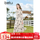 百圖betu女裝秋季新款連衣裙V領正肩長袖X型印花連衣裙女2308T85 杏色 M