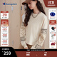 Champion冠軍長(cháng)袖T恤女2024秋季新款拼接佩里斯花紋純棉圓領(lǐng)上衣 淺卡其色 M