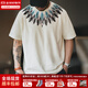 馬登工裝印第安羽毛印花T恤男重磅純棉圓領(lǐng)短袖夏季寬松透氣半袖衫 米白色 （版型寬松） L