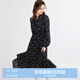 樂(lè )町V領(lǐng)碎花長(cháng)裙20千金風(fēng)遮肉顯瘦長(cháng)袖裙黑色雪紡裙 彩色印花（現貨） M