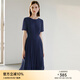 顏域（YANYEE）短袖百褶連衣裙2024夏天新款女裝氣質(zhì)女神范收腰顯瘦氣質(zhì)a字裙 深藍 S/36