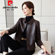 皮爾卡丹（pierre cardin）海寧真皮皮衣女美拉德綿羊皮短款外套高端復古輕油蠟夾克機車(chē) 咖色【單外套】官方旗艦 XL 116斤-125斤