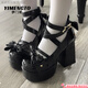 YIMENGTO伊門(mén)駝甜美洛麗塔鞋圓頭可愛(ài)少女Lolita鞋JK日系瑪麗珍粗跟高跟鞋防水臺 黑色 偏大一碼 37