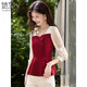 她享長(cháng)袖襯衫女新年戰袍法式方領(lǐng)襯衣拼色氣質(zhì)小衫顯瘦上衣T143C2013