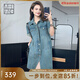 美洋（MEIYANG）淘古少女牛仔裙 休閑減齡復古直筒短袖襯衫連衣裙時(shí)尚休閑裙子女 復古藍（短版） S