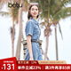 百圖betu女裝夏季新款連體褲復(fù)古水洗牛仔工裝連體褲女2404D05 牛仔色 S