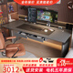鵬景雅居雙人電腦桌可升降電動(dòng)桌家用工作臺學(xué)習書(shū)桌電競游戲桌 TL29 旗艦版 深灰色馬鞍皮面+排插線(xiàn)盒+抽屜+菱形護腿 200*80cm包安裝+理線(xiàn)槽