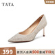 他她（TATA）酒杯鞋婚鞋新娘鞋伴娘鞋宴會高跟鞋女鞋細跟配裙子單鞋新 粉金（7cm）-流光款 35