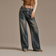 CHUU水洗腰帶闊腿牛仔褲女2025冬季新品壓褶做舊噴馬騮磨毛長(cháng)褲子 深牛仔藍 26
