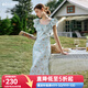 Olrain歐芮兒碎花方領(lǐng)荷葉邊法式連衣裙女夏季2025新款藍(lán)色茶歇裙 藍(lán)色 L