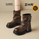 ZHR厚底短靴女冬加絨皮帶扣靴子美拉德褲管馬丁靴堆堆靴JF322A棕色37