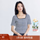 茵曼（INMAN）法式U型領(lǐng)鎖骨條紋T恤女2025夏季修身顯瘦時(shí)尚百搭短袖上衣 藍白條紋 M