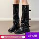狄德拉大碼41-43粗腿大筒圍騎士靴女秋冬高筒靴胖mm厚底增高褶皺褲管靴 黑色單里標準筒 35 (225mm)