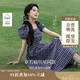 茵曼章若楠同款|法式格紋連衣裙夏季女裝百搭泡泡袖a字裙子 藏青  M