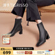 蹀愫（TIGRISSO）【保暖加絨】秋冬款彈力通勤短靴法式圓頭中筒新年時(shí)裝靴瘦瘦靴女 黑色羊皮革（豬皮內里） 35 225mm