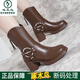 啄木鳥(niǎo)真皮中筒靴子女春夏高跟短靴2025冬季新款棕色小個(gè)子厚底馬丁靴 棕色加絨 35