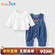 優(yōu)奇嬰兒背帶褲春秋2025新款女寶寶薄款牛仔褲連體外出服開(kāi)檔褲按扣