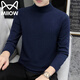 貓人長(cháng)袖T恤男士春秋季潮牌美式半高領(lǐng)寬松打底針織衫 深藍    XL