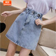 婍妡復古文藝印花闊腿牛仔短褲女夏新款松緊腰寬松顯瘦休閑五分褲 9885#藍色 M (95-120斤)
