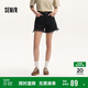 森馬牛仔褲女黑色毛邊綁帶夏高腰短褲109324122006