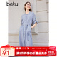 百圖betu女裝春夏新款條紋高腰七分可調節袖襯衫式連衣裙2402T83 藍色 S