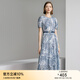 顏域印花短袖連衣裙女裝2024新款夏裝復古通勤藍色中長(cháng)款圓領(lǐng)裙子 藍花 M/38