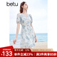 百圖betu女裝夏季新款連衣裙V領花邊雪紡印花連衣裙女2404T91 藍色 L
