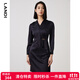 藍地（LANDI）【醋酸系列】不對稱(chēng)V領(lǐng)收腰連衣裙女年春季新款短裙 藏青色 L