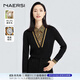 娜爾思（NAERSI）假兩件異材質(zhì)印花針織衫上衣女新款長(cháng)袖羊毛毛衣 黑色 XL 42
