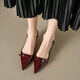 葉余酒紅色軟皮包頭涼鞋女2025夏新款復古風(fēng)尖頭漆皮中跟低跟鞋女細跟 酒紅色 38